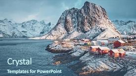  Presentation with falling snow - Beautiful theme featuring norway with red rorbu house backdrop and a ocean colored foreground