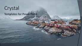  Presentation with falling snow - PPT theme with norway with red rorbu house background and a light blue colored foreground