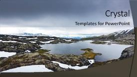  Presentation with landscape - Beautiful presentation theme featuring norwegian landscape with snowy mountains backdrop and a light blue colored foreground