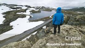  Presentation with hill road - Presentation theme enhanced with norwegian tourist route aurlandsfjellet runs from aurlandsvangen to laerdalsoyri bjorgavegen - mountain road in norway a guy is standing on a hill and looking at the lake background and a gray colored foreground