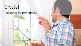  Presentation with person looking out in nature - PPT theme having nosey - man looking out window background and a sky blue colored foreground
