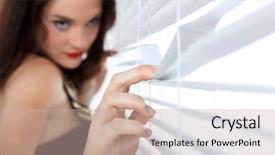  Presentation with guide dog helping blind woman - Beautiful slide set featuring nosey - woman peering through blinds backdrop and a soft green colored foreground