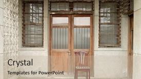  Presentation with asia - Colorful theme enhanced with nostalgic chinese old building exterior with door and wall in grungy style and single chair in taiwan asia backdrop and a mint green colored foreground