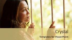  Presentation with woman sad - PPT theme having nostalgic sad woman holding window background and a blonde colored foreground