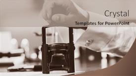  Presentation with public document - Amazing PPT theme having notary public in office stamping document retro style backdrop and a mint green colored foreground