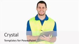  Presentation with gold man smile - Audience pleasing theme consisting of completion one year - smiling young delivery man completing backdrop and a  colored foreground