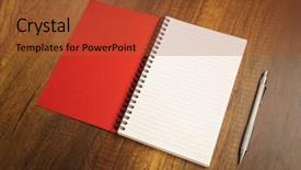  Presentation with note book - Slide deck with note book with pencil on a wooden desk background and a red colored foreground