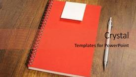  Presentation with note book - Slide set having note book with pencil on a wooden desk background and a red colored foreground