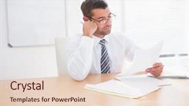  Presentation with document in clinical research - PPT theme enhanced with note busines - focused businessman reading document background and a  colored foreground