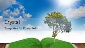  Presentation with magic book - Presentation design featuring note de musique - magic book with tree background and a light blue colored foreground