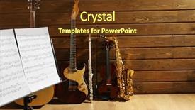  Presentation with triangle musical instrument - Audience pleasing slides consisting of note holder against musical instruments backdrop and a tawny brown colored foreground