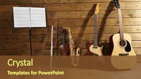  Presentation with music instruments - PPT layouts consisting of note holder against musical instruments background and a tawny brown colored foreground