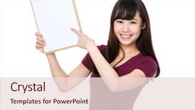  Presentation with finger point - Slide set consisting of note indicator - asian woman finger point background and a lemonade colored foreground