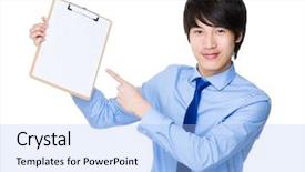  Presentation with finger point - Slide set consisting of note indicator - asian young businessman finger point background and a light blue colored foreground