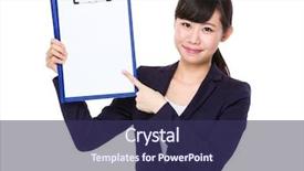  Presentation with point of sale system - Colorful presentation design enhanced with note indicator - businesswoman finger point to clipboard backdrop and a  colored foreground