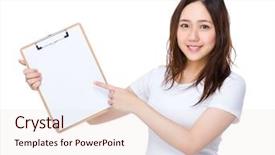  Presentation with finger point - Slide set enhanced with note indicator - woman finger point to clipboard background and a  colored foreground