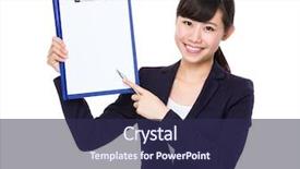  Presentation with strategy page 4 - Theme featuring note indicator - young businesswoman showing blank page background and a  colored foreground