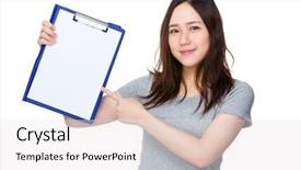  Presentation with young business woman smile show - Audience pleasing slide deck consisting of note indicator - young woman show backdrop and a  colored foreground