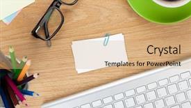  Presentation with business cards - Presentation theme consisting of note paper colored pencils - blank business cards over office background and a coral colored foreground