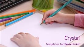  Presentation with desktop - Amazing slide set having note paper colored pencils - kids hands drawing on notebook backdrop and a sky blue colored foreground