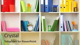  Presentation with note - Audience pleasing slide deck consisting of note paper colored pencils - white office shelves with different backdrop and a coral colored foreground