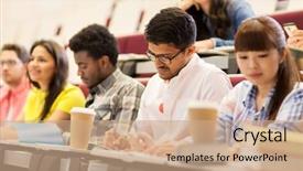  Presentation with international education - PPT theme having note taking - education high school university learning background and a coral colored foreground