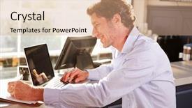  Presentation with restaurant in thai - Presentation theme featuring note taking - male restaurant manager working background and a coral colored foreground