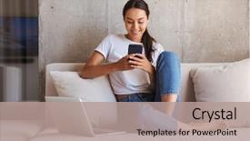 Presentation with mobile home - Amazing slide set having notebook - happy young asian woman using backdrop and a coral colored foreground