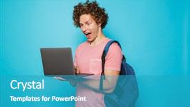  Presentation with backpack - Amazing PPT theme having notebook - image of excited young guy backdrop and a teal colored foreground