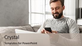  Presentation with living room - PPT layouts featuring notebook - photo of caucasian man 30s background and a light gray colored foreground