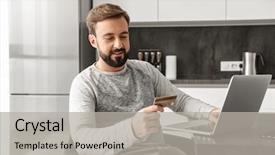  Presentation with online shopping - Slide deck with notebook - photo of smiling man 30s background and a light gray colored foreground