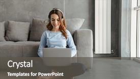  Presentation with computer music - Beautiful presentation theme featuring notebook - portrait of a cheerful young backdrop and a dark gray colored foreground