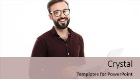  Presentation with gold man smile - Presentation theme with notebook - portrait of a smiling handsome background and a mint green colored foreground