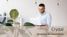  Presentation with chat - Colorful slide deck enhanced with notebook - smiling satisfied man 30s wearing backdrop and a mint green colored foreground