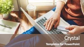  Presentation with credit card - Slides consisting of notebook - woman is holding credit card background and a violet colored foreground