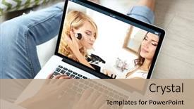 Presentation with beauty makeup - PPT theme featuring notebook - woman watching online tutorial background and a coral colored foreground
