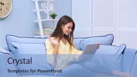 Presentation with lady - Audience pleasing PPT layouts consisting of notebook - young lady with modern laptop backdrop and a light blue colored foreground