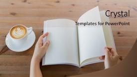  Presentation with coffee book - Beautiful presentation design featuring notebook 2 page - hands open blank catalog magazines backdrop and a coral colored foreground