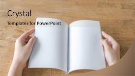  Presentation with open book - PPT theme featuring notebook 2 page - hands open blank catalog magazines background and a coral colored foreground