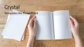  Presentation with open book - Colorful slides enhanced with notebook 2 page - hands open blank catalog magazines backdrop and a coral colored foreground