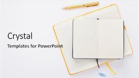  Presentation with notebook paper - Colorful presentation enhanced with notebook and pen at white paper background top view backdrop and a white colored foreground