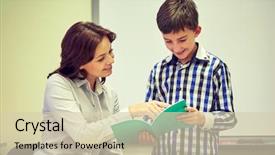  Presentation with school elementary - PPT theme with notebook and teacher in classroom background and a soft green colored foreground