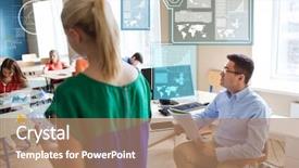  Presentation with virtual learning - Presentation theme featuring notebook and teacher in classroom background and a  colored foreground