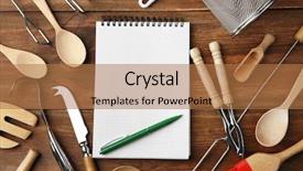  Presentation with kitchen utensils - Cool new PPT layouts with various kitchen utensils on wooden backdrop and a coral colored foreground