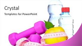  Presentation with water bottle - Slides consisting of notebook diet - dumbbells an apple background and a white colored foreground