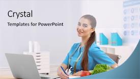  Presentation with diet - Presentation theme enhanced with notebook diet - young female nutritionist in her background and a sky blue colored foreground