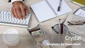  Presentation with wood rustic - PPT theme consisting of notebook glasses pencil cup newspaper background and a gray colored foreground