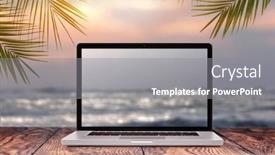  Presentation with green notebook - Beautiful slides featuring notebook-monitor-with-blurred-seascape backdrop and a gray colored foreground
