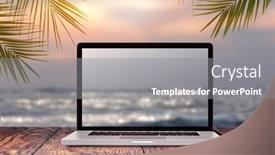  Presentation with green notebook - Audience pleasing PPT theme consisting of notebook-monitor-with-blurred-seascape backdrop and a gray colored foreground