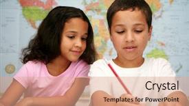  Presentation with school languages - Presentation design enhanced with notebook pencil - child at school background and a  colored foreground